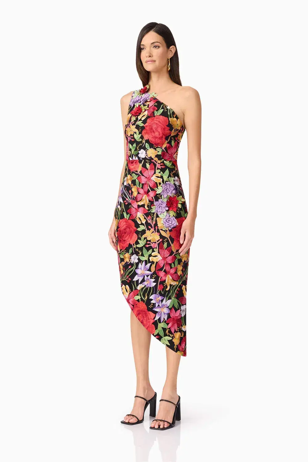 Elliatt Talia Asymmetrical Midi Dress in Black Floral Size 10 - Image 2