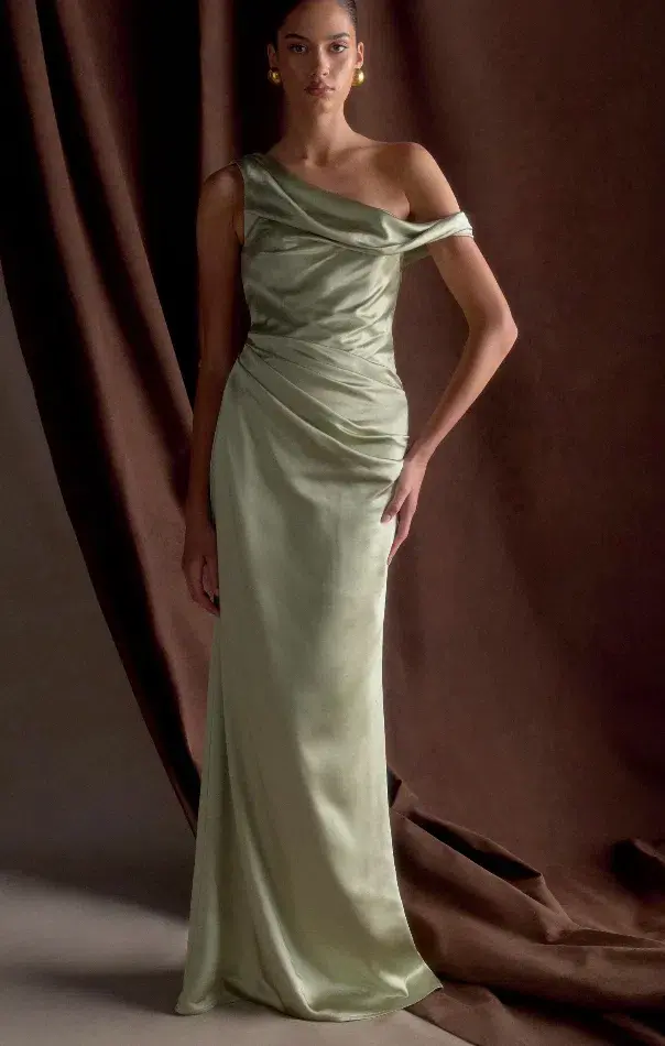 Meshki Dalia Off Shoulder Satin Maxi Dress Maxi Sage Size 8/S - Image 1