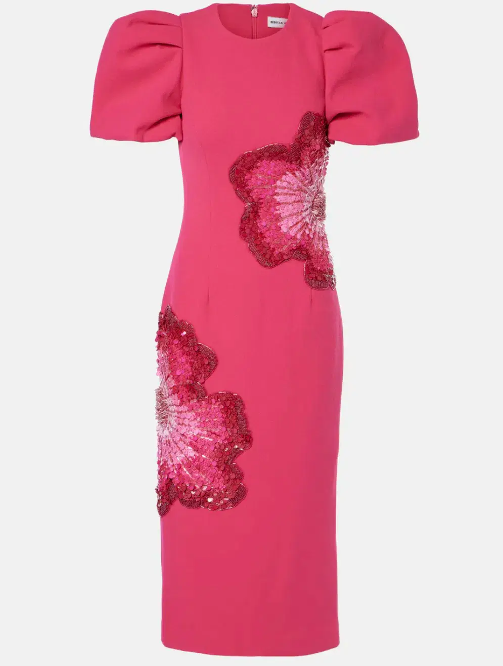 Rebecca Vallance Layana Puff-Sleeve Embellished Midi Dress in Pink Size 10 for rent on The Volte - main image