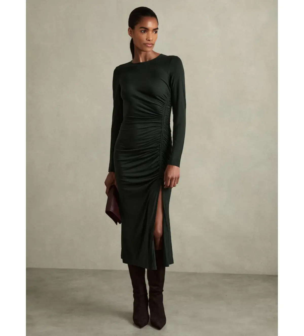 Reiss Rosie Jersey Ruched Midi Dress Dark Green Size 14/XL - Image 1