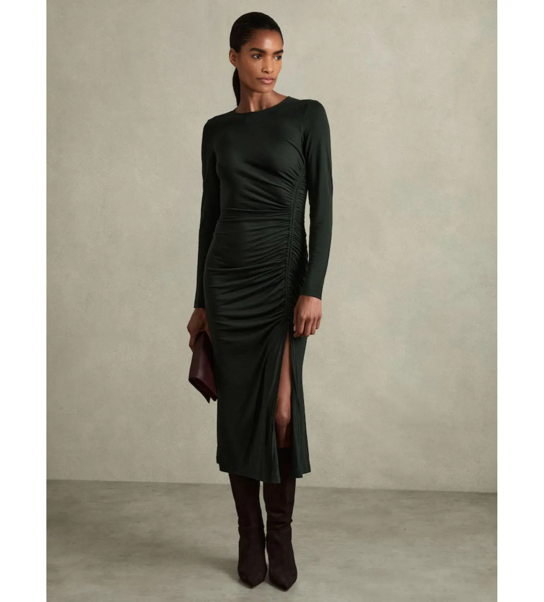 Reiss Rosie Jersey Ruched Midi Dress Dark Green Size 14/XL - Image 1