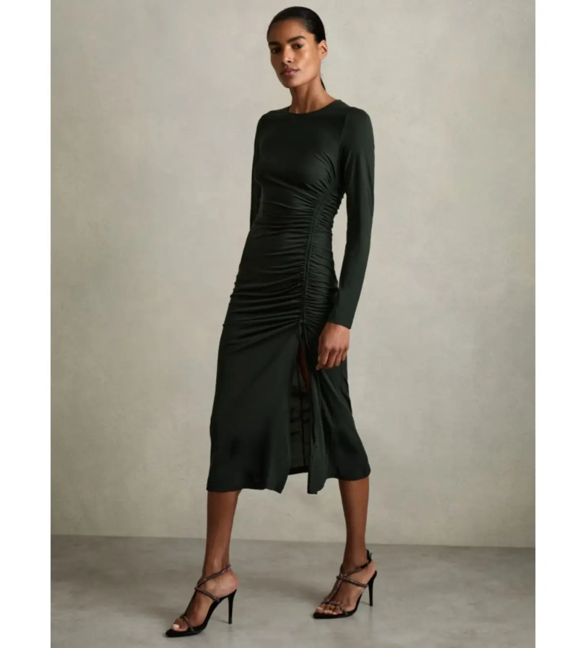 Reiss Rosie Jersey Ruched Midi Dress Dark Green Size 14/XL - Image 2