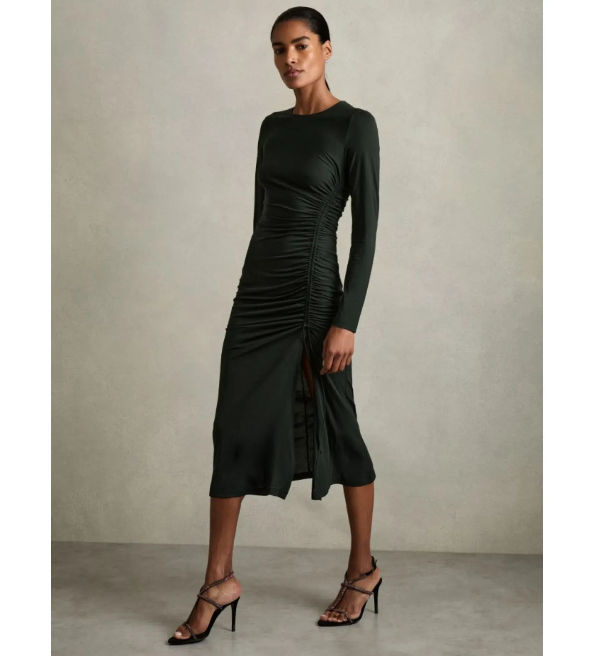 Reiss Rosie Jersey Ruched Midi Dress Dark Green Size 14/XL - Image 2