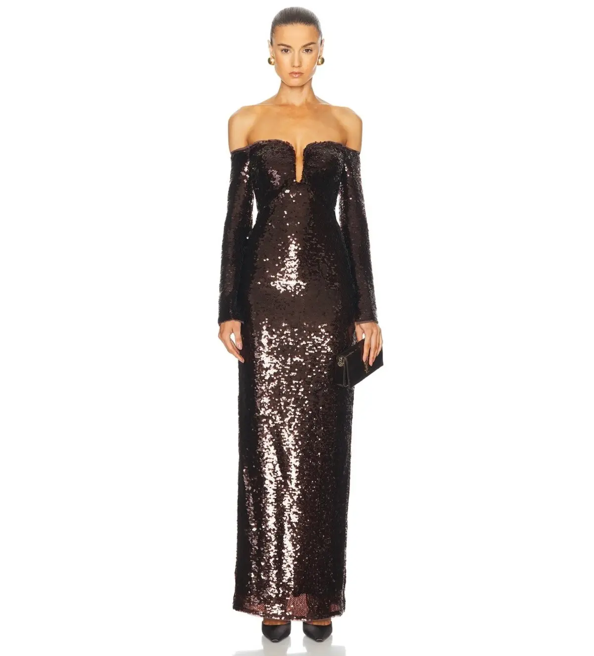 Self Portrait Sequin Off-Shoulder Maxi Dress Cedar Brown Size AU 12 - Image 1