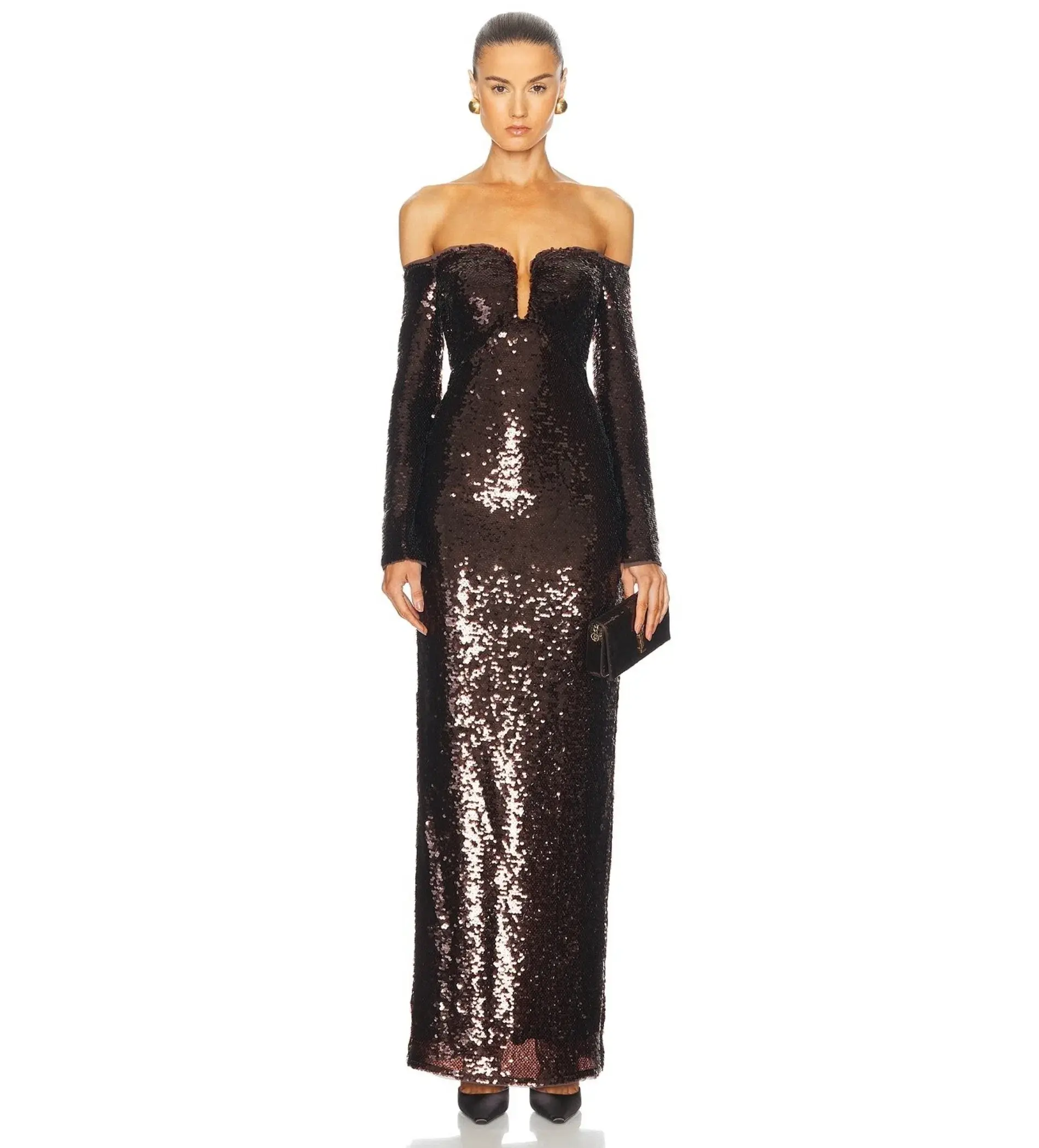 Self Portrait Sequin Off-Shoulder Maxi Dress Cedar Brown Size AU 12 - Image 1