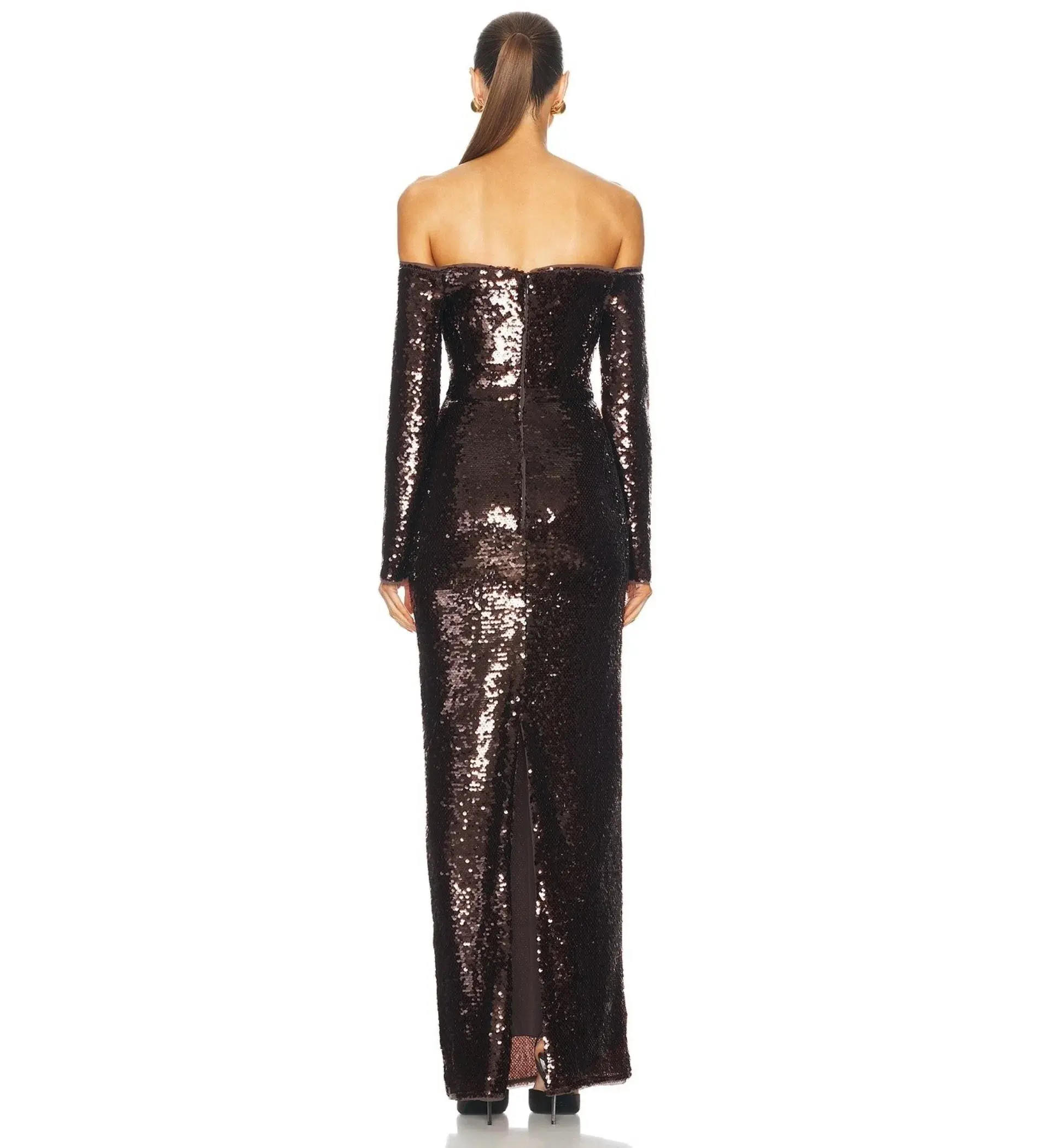 Self Portrait Sequin Off-Shoulder Maxi Dress Cedar Brown Size AU 12 - Image 3
