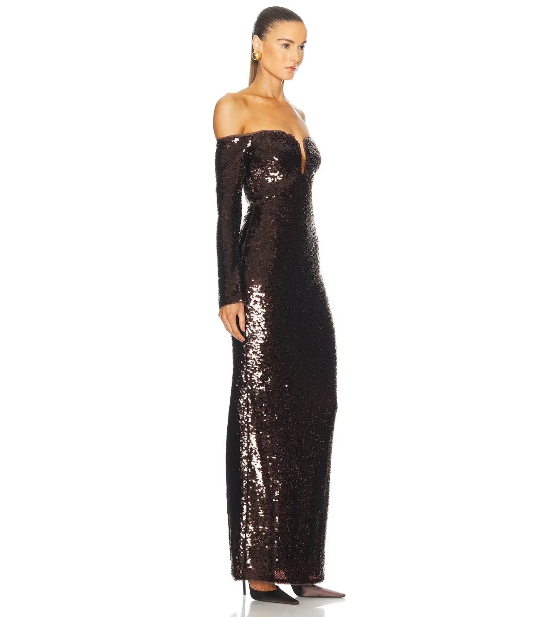 Self Portrait Sequin Off-Shoulder Maxi Dress Cedar Brown Size AU 12 - Image 2