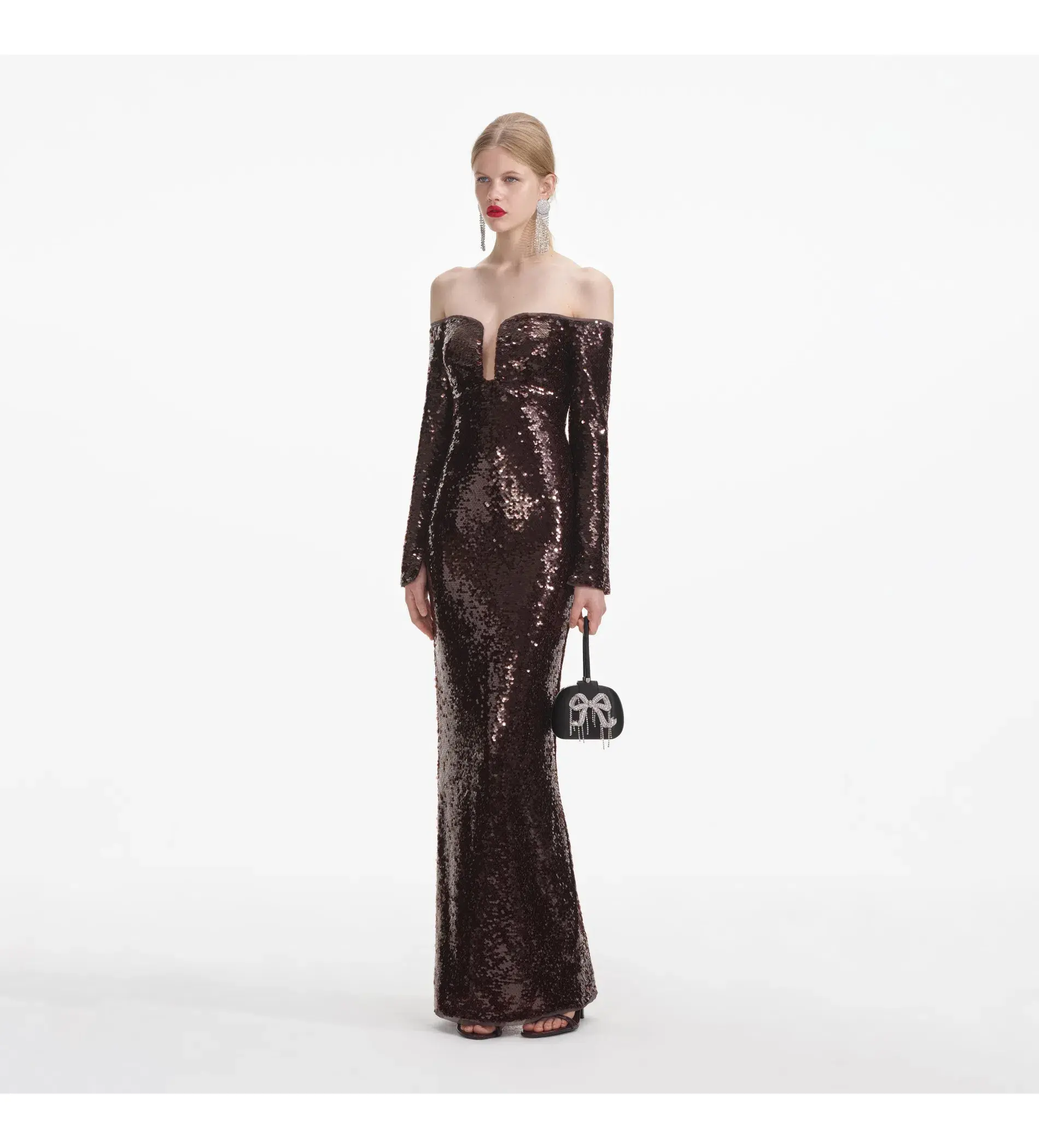 Self-portrait Sequin Off-shoulder Maxi Dress In Brown Size 14  - Image 1