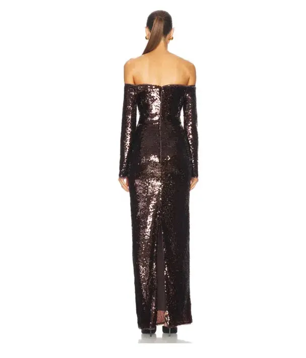 Self-portrait Sequin Off-shoulder Maxi Dress In Brown Size 14  - Image 4