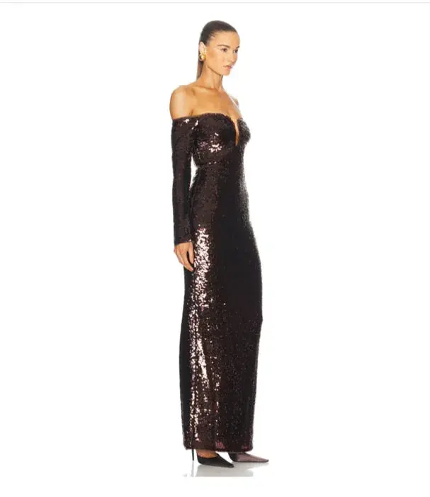 Self-portrait Sequin Off-shoulder Maxi Dress In Brown Size 14  - Image 3