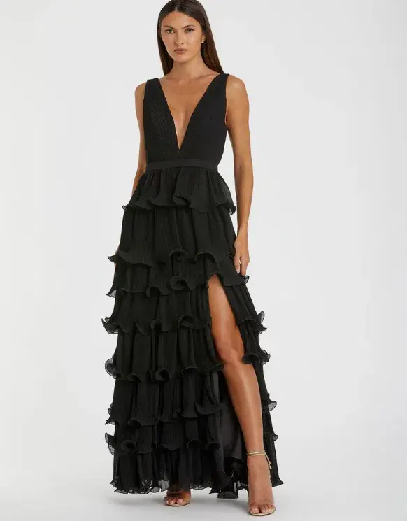 Mac Duggal Sleeveless Ruffle Tiered V Neck Gown Black Size 16 - Image 1