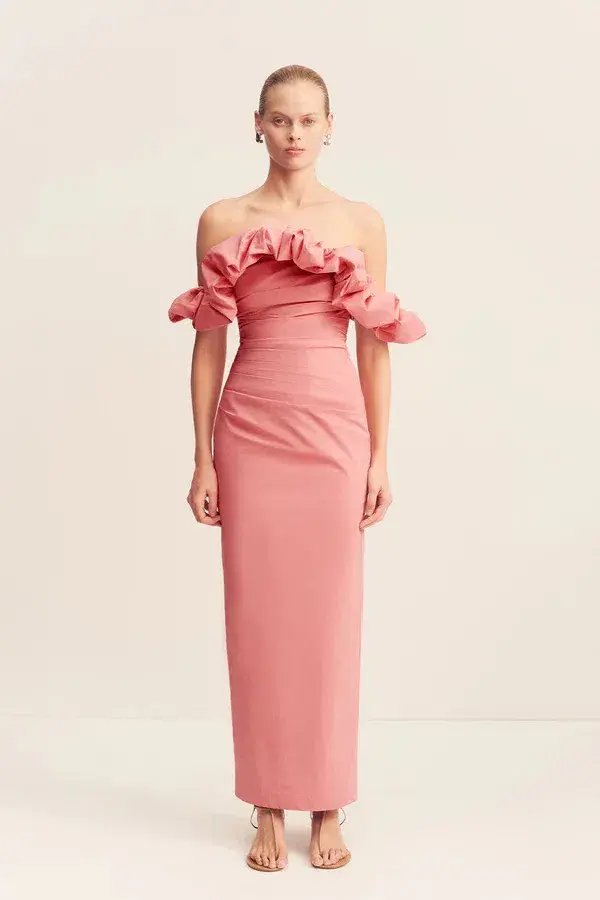 Shona Joy Campbell Ruffle Draped Maxi Dress Bubblegum Size 12 for rent on The Volte - main image