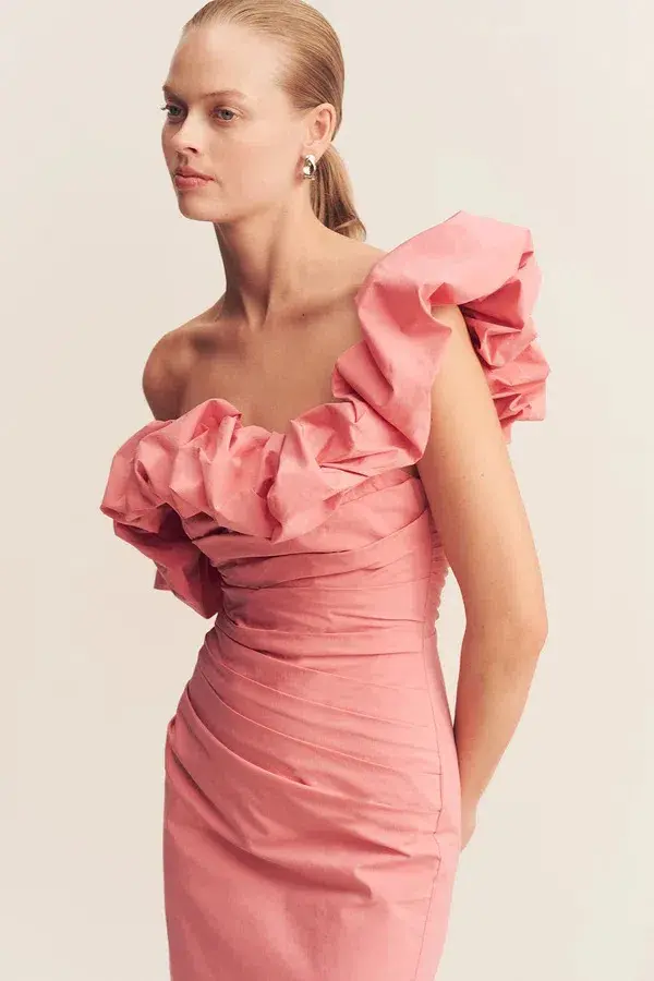 Shona Joy Campbell Ruffle Draped Maxi Dress Bubblegum Size 12 for rent on The Volte - main image