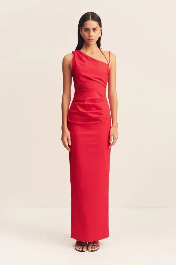 Shona Joy Lani Asymmetrical Gathered Maxi Dress Red Size 6 - Image 1