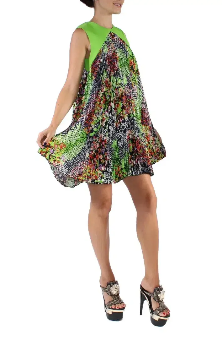 Versace Green Multicolor Plisse Tent Mini Dress Sleeveless Made in Italy Size 38 - Image 4