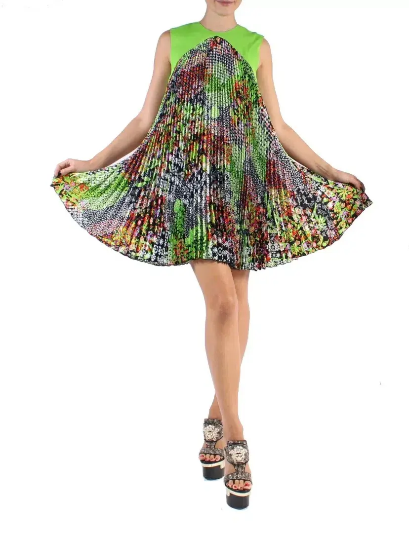Versace Green Multicolor Plisse Tent Mini Dress Sleeveless Made in Italy Size 38 - Image 1