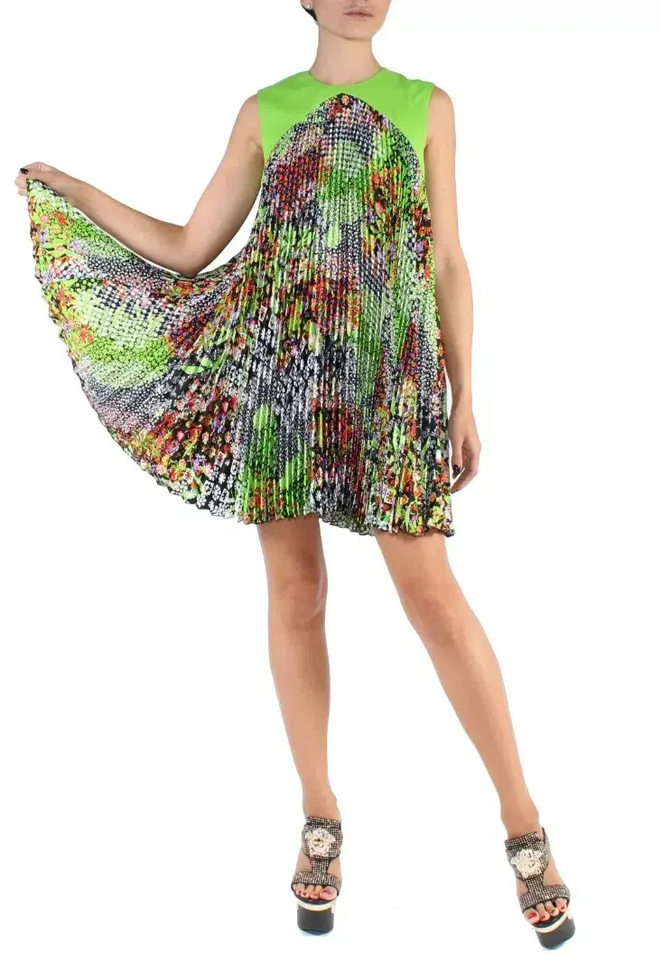 Versace Green Multicolor Plisse Tent Mini Dress Sleeveless Made in Italy Size 38 - Image 2