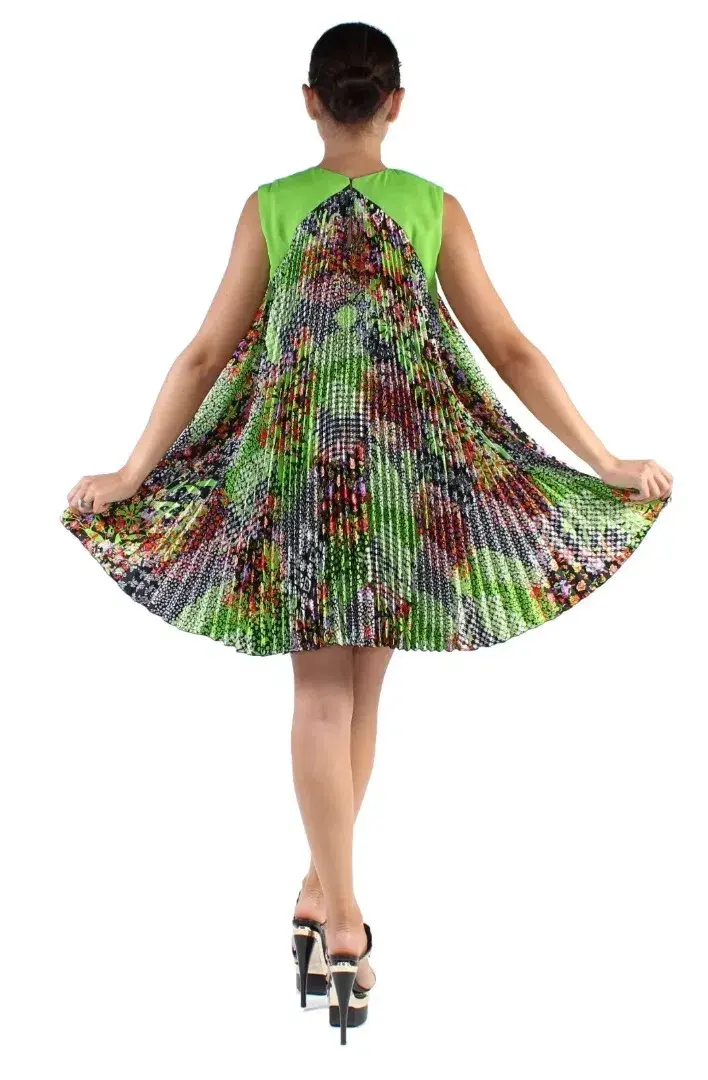 Versace Green Multicolor Plisse Tent Mini Dress Sleeveless Made in Italy Size 38 - Image 5