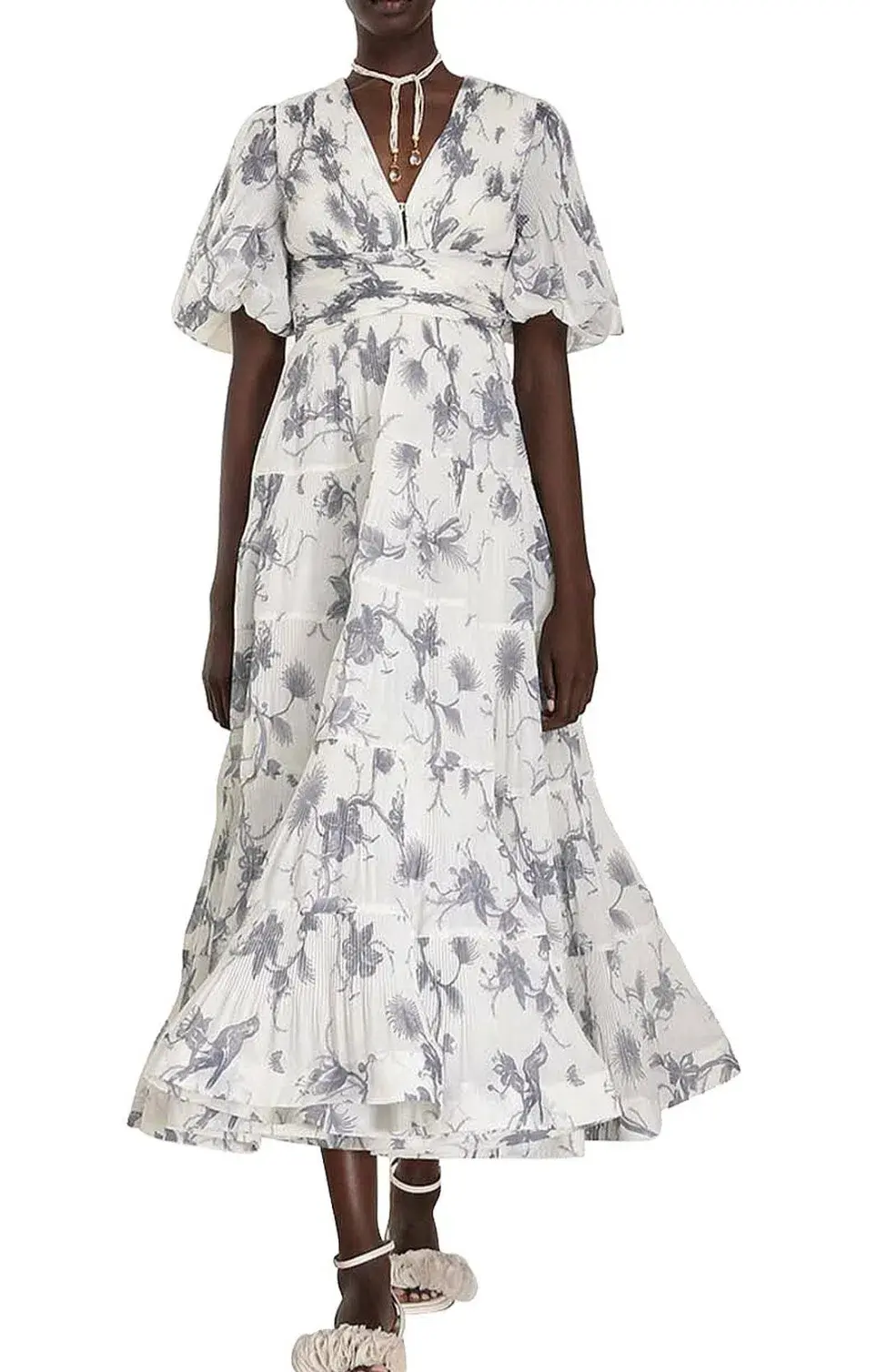 Zimmerman Pleated Midi Dress White & Blue Floral Size 6 - Image 1