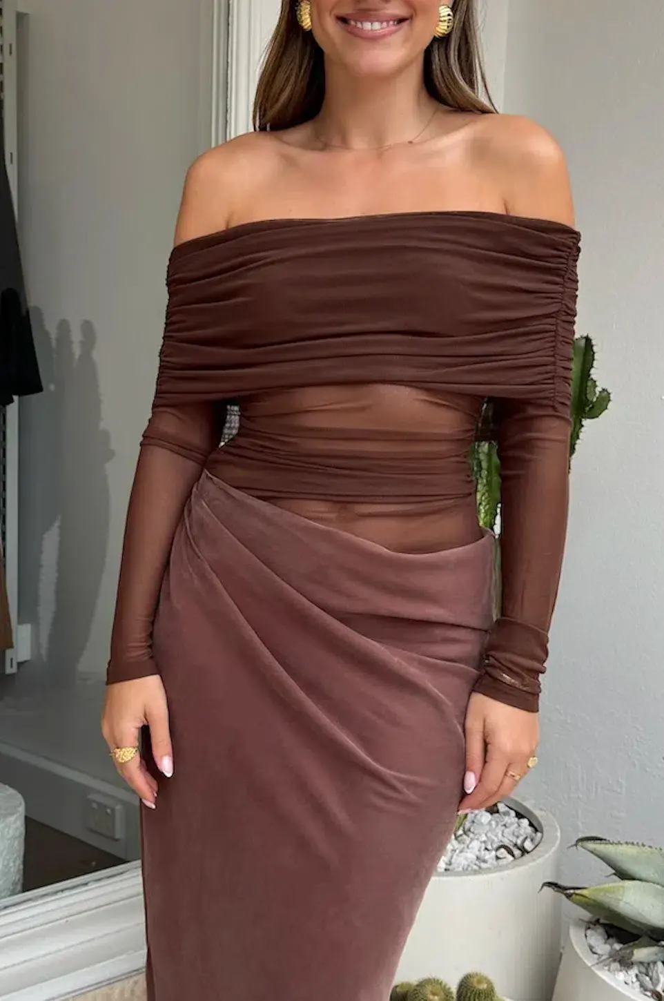 Benni Yasmin Off Shoulder Dress Brown Size 8 / AU 8-10 - Image 3