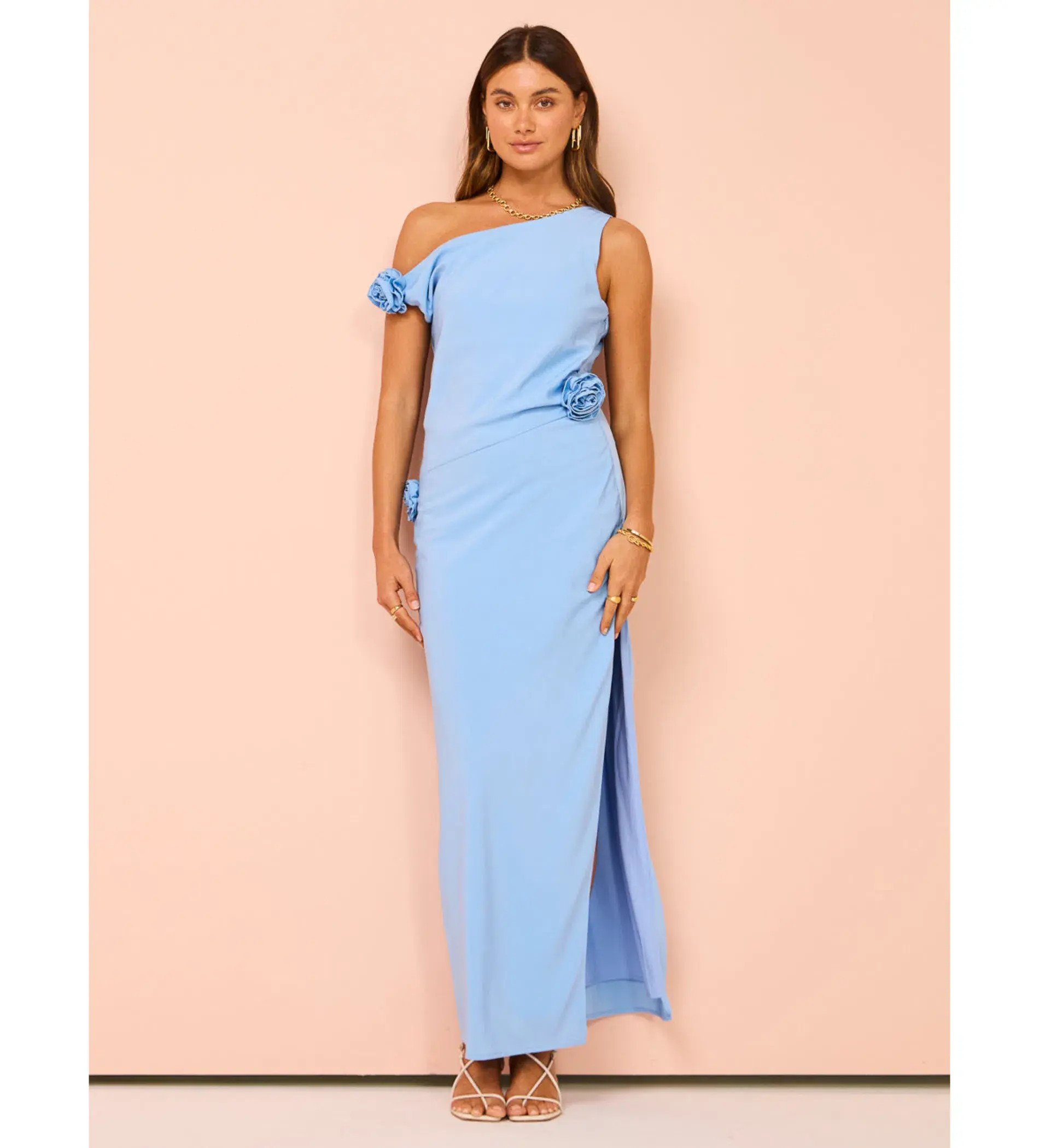 Issy Off Shoulder Flower Maxi Dress in Blue Size M / AU 10 - Image 1