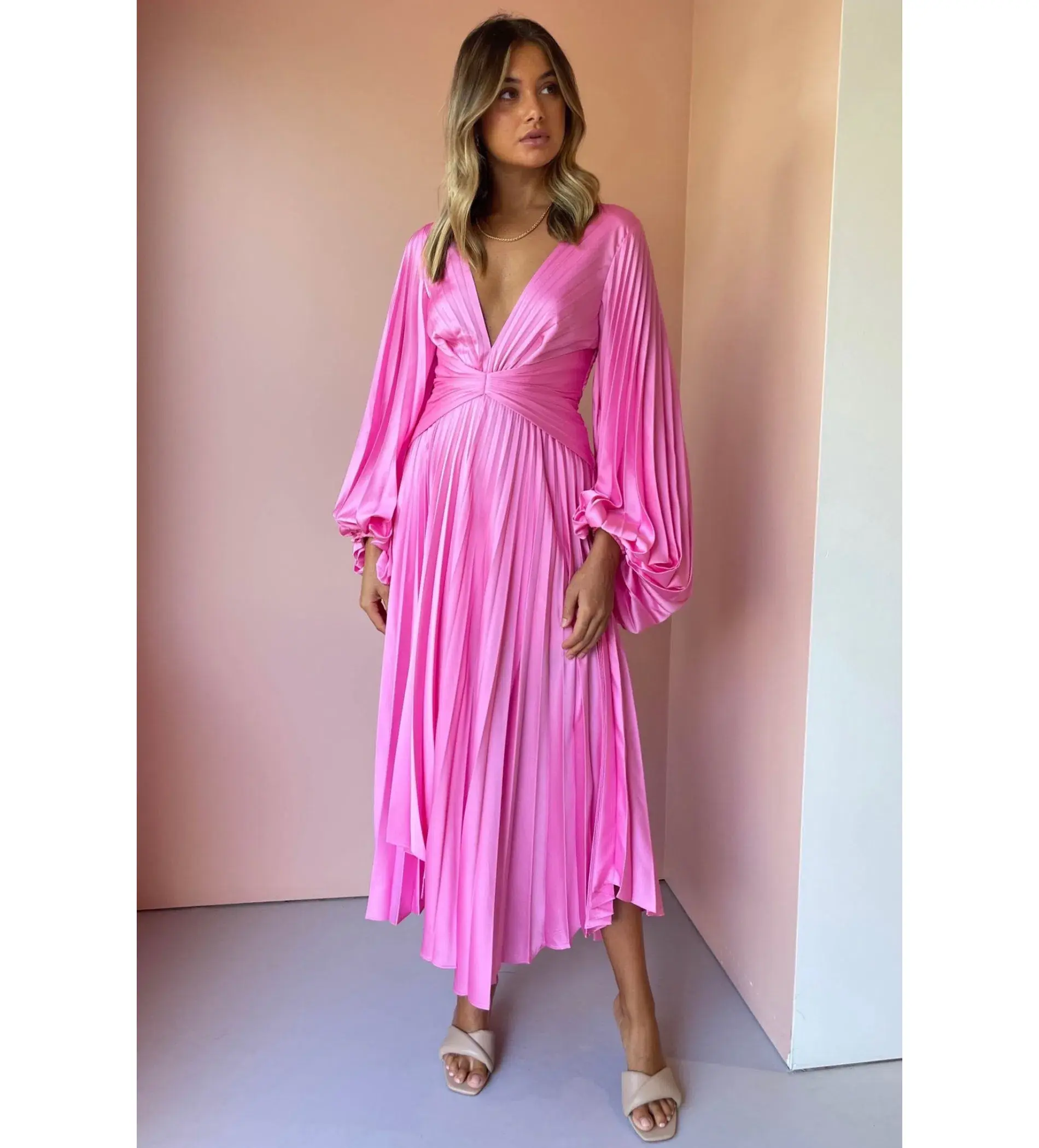 Acler Palms Pleated Midi Dress Confetti Pink Small /Au 8 - Image 2