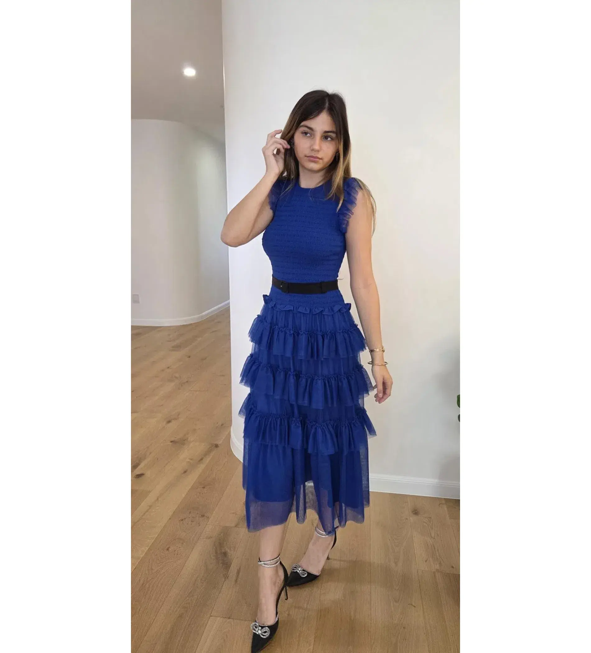 ME+EM Ethereal Tulle Shirred Midi Dress Electric Blue Size AU 8 - Image 2