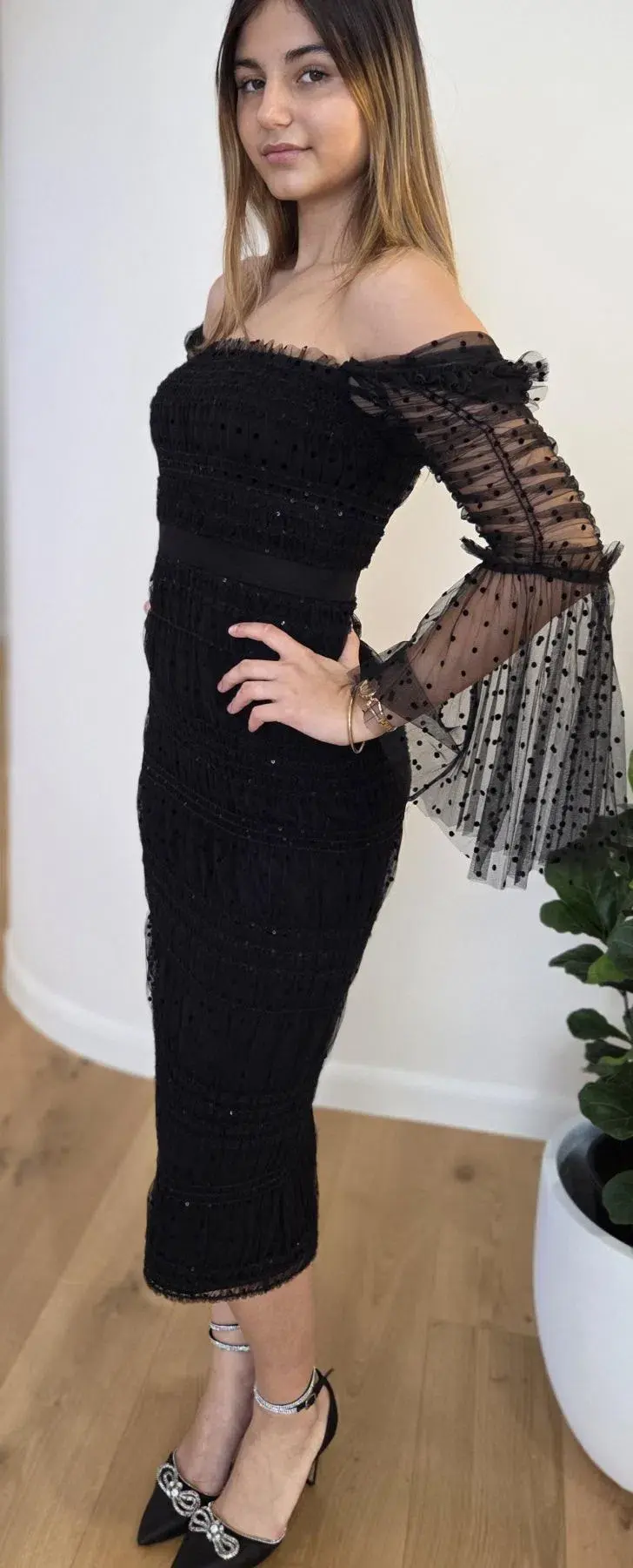 Self-Portrait Women's Black Sequin Dot Mesh Midi Dress in Black Size AU 10 - Image 4
