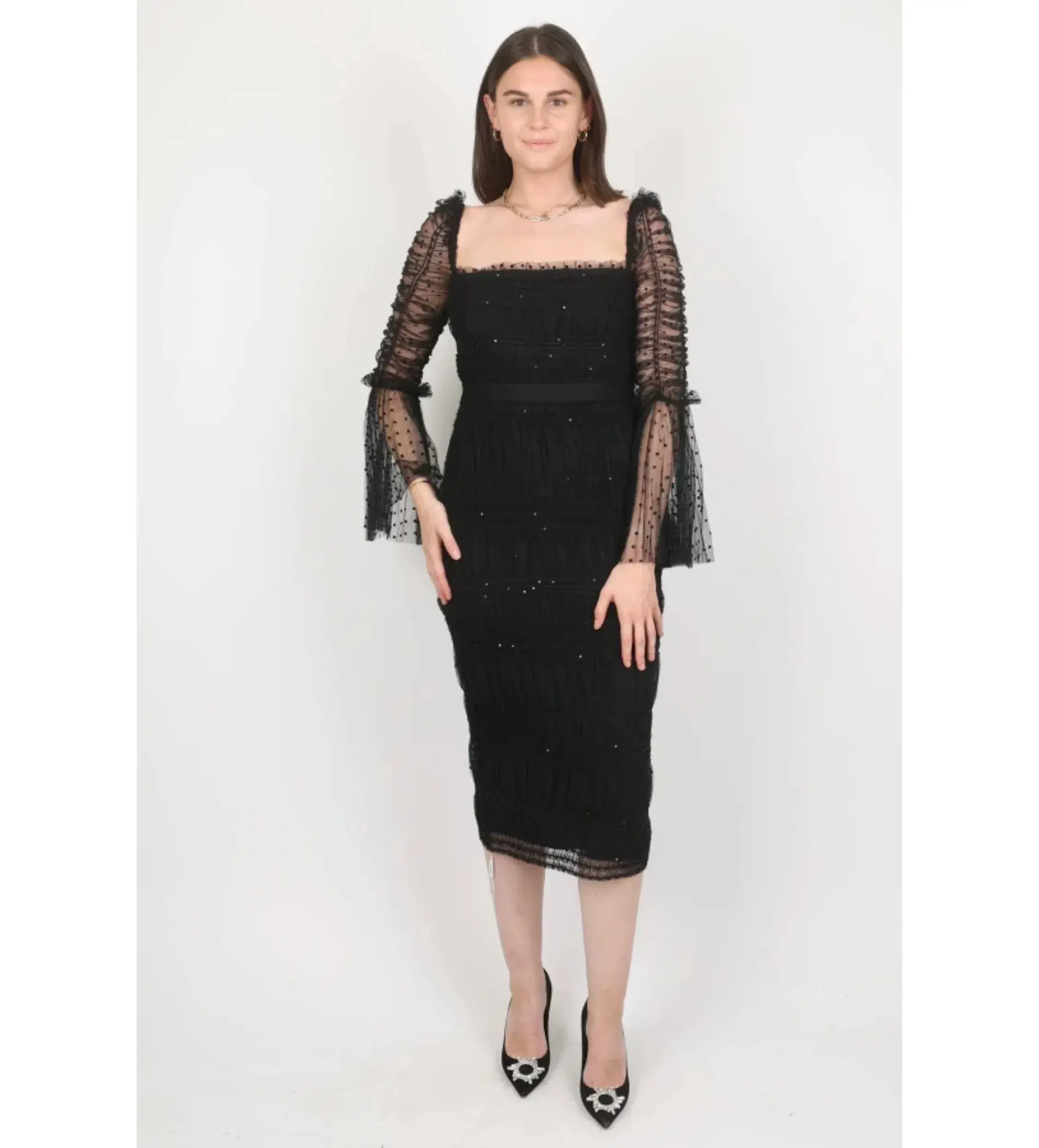 Self-Portrait Women's Black Sequin Dot Mesh Midi Dress in Black Size AU 10 - Image 1