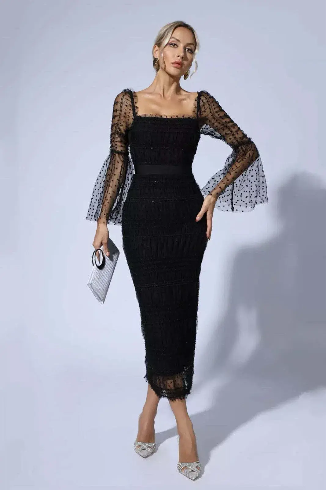 Self-Portrait Women's Black Sequin Dot Mesh Midi Dress in Black Size AU 10 - Image 2