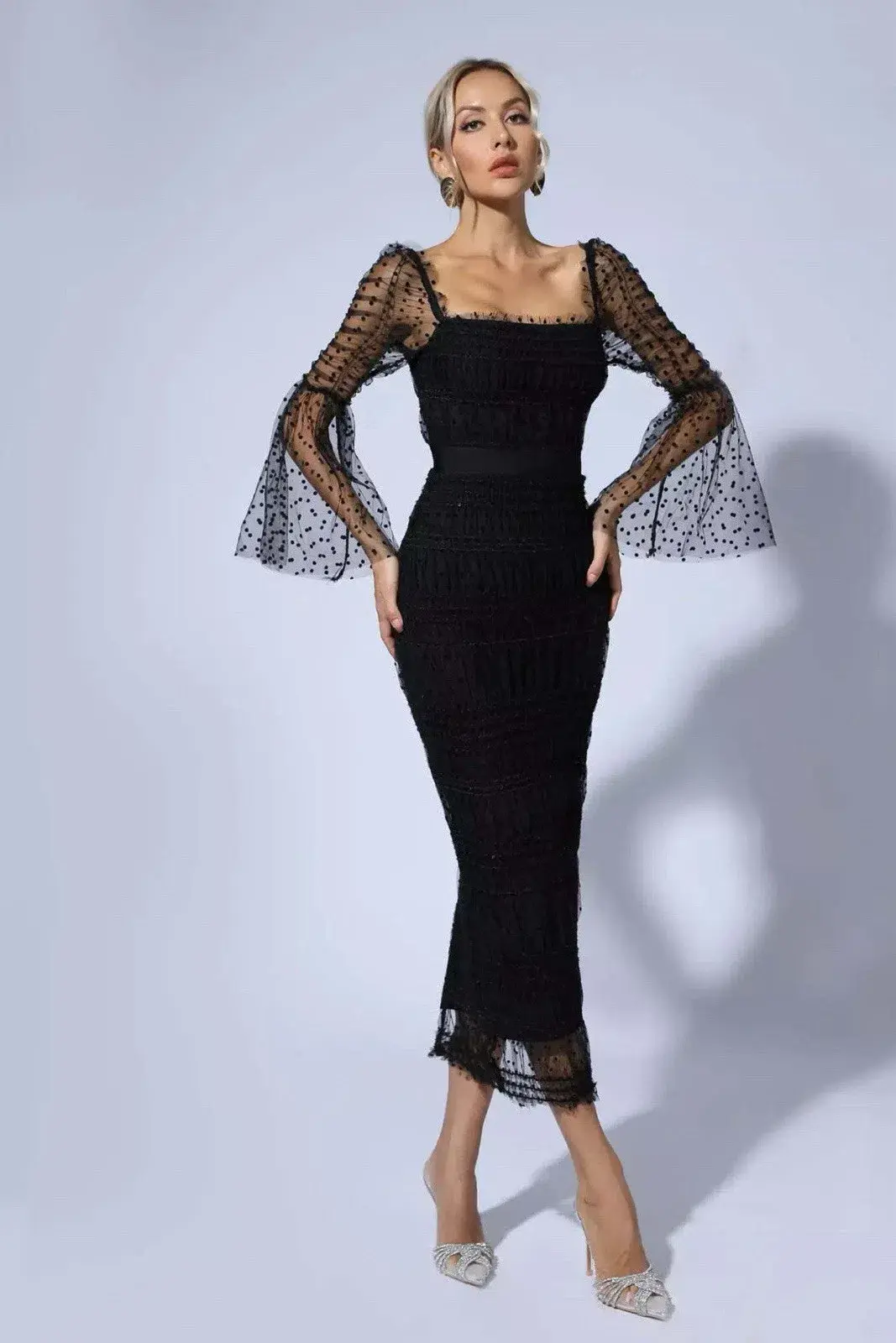 Self-Portrait Women's Black Sequin Dot Mesh Midi Dress in Black Size AU 10 - Image 3