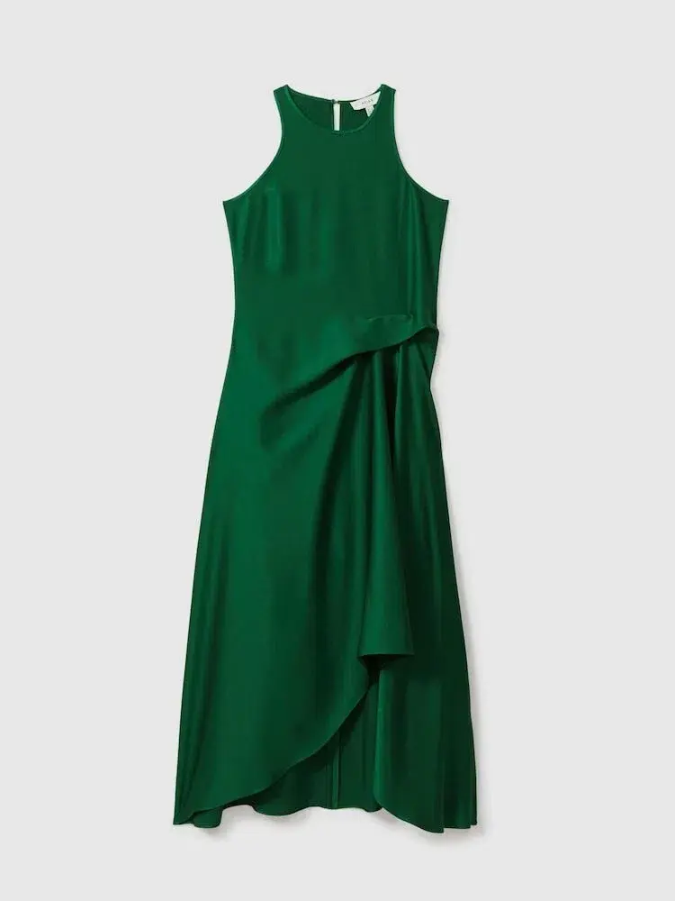 Reiss Micah Satin Drape Tuck Midi Dress In Green Size AU 10 - Image 3