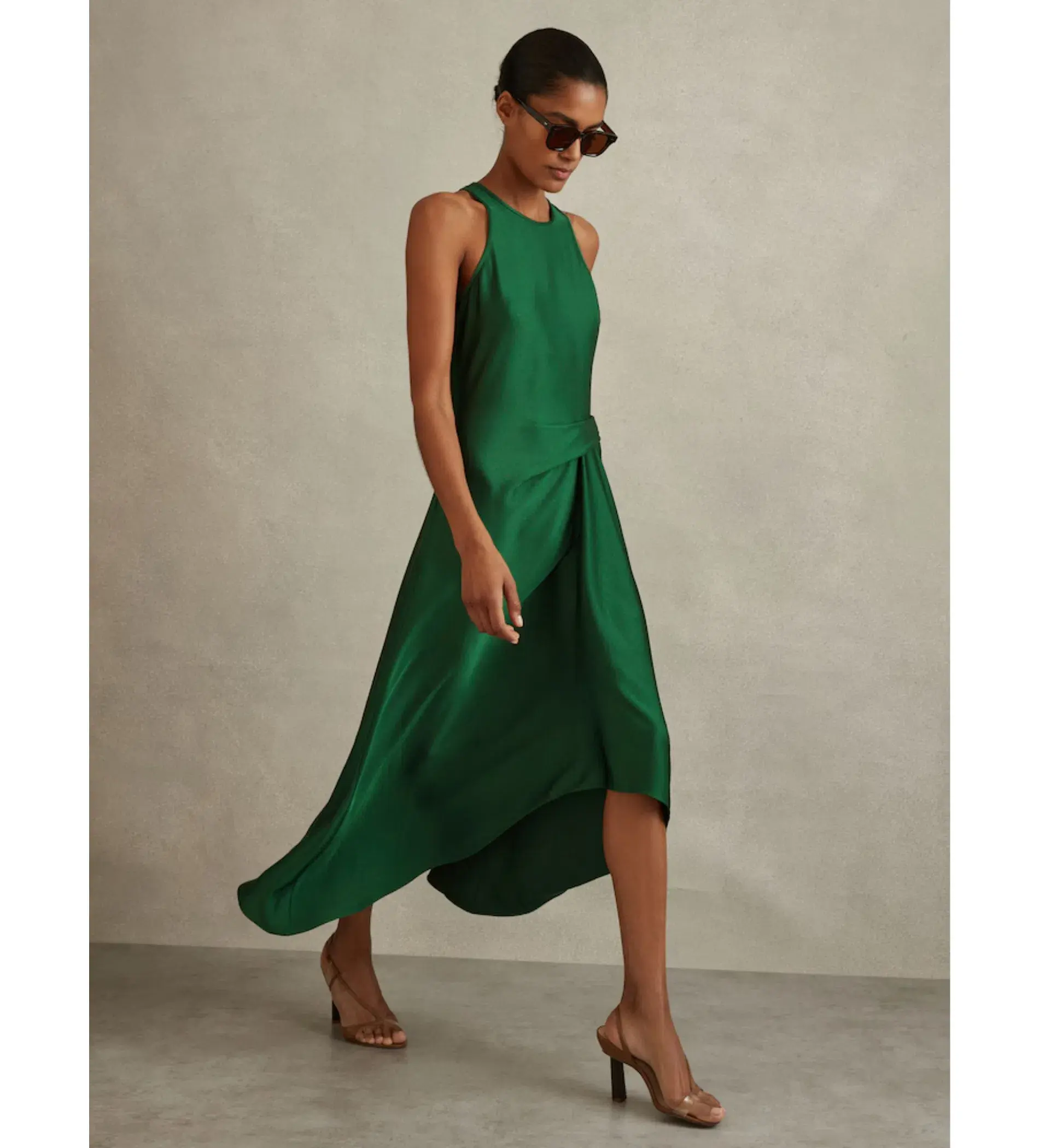 Reiss Micah Satin Drape Tuck Midi Dress In Green Size AU 10 - Image 1