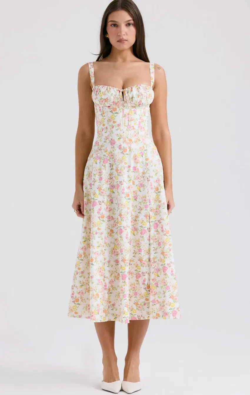 House of CB Carmen Floral Bustier Midi Sundress in  Ivory Meadow Size M/ AU 10 - Image 1