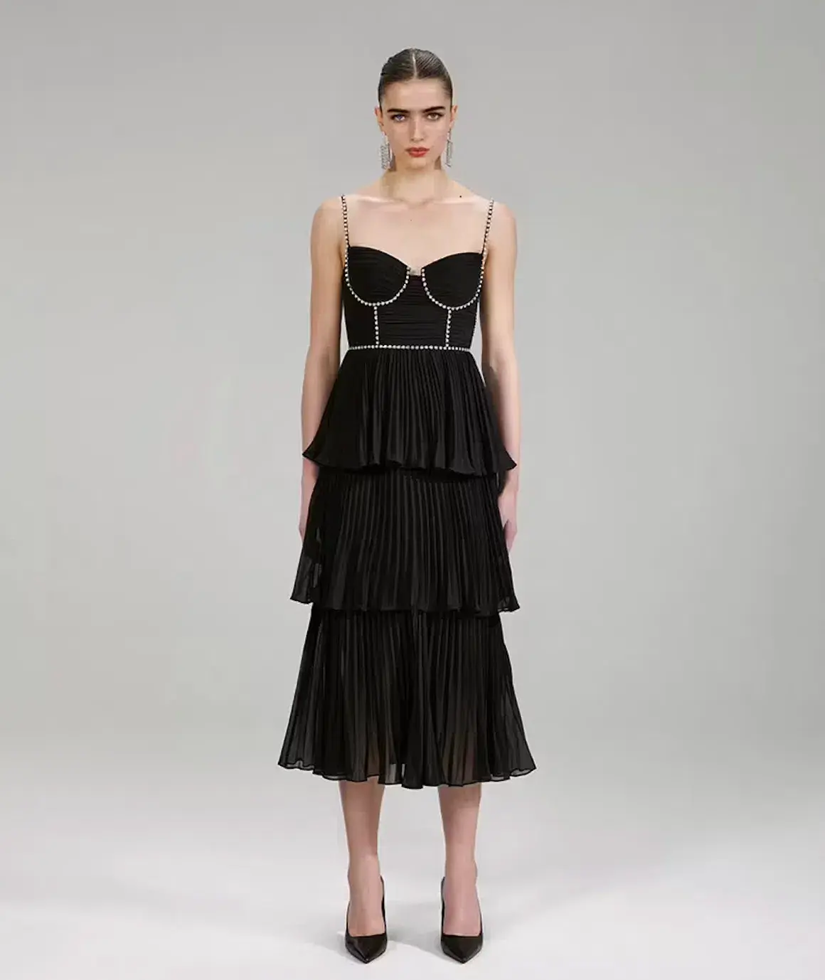 Self-Portrait Chiffon Tiered Midi Dress Black Size AU 10 - Image 1