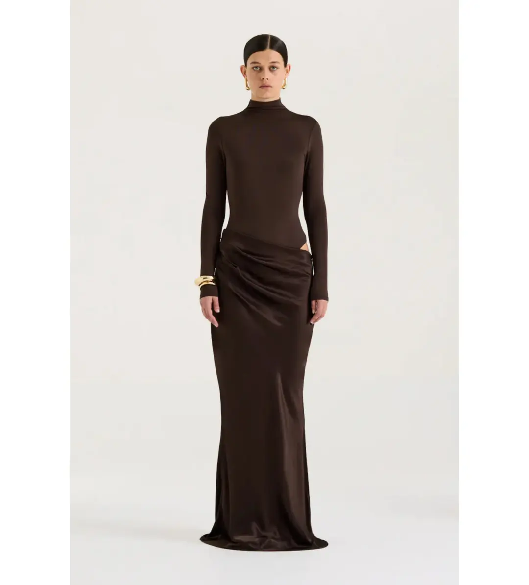 Henne Soraia Long Sleeve Maxi Dress Chocolate Size 6 for rent on The Volte - main image