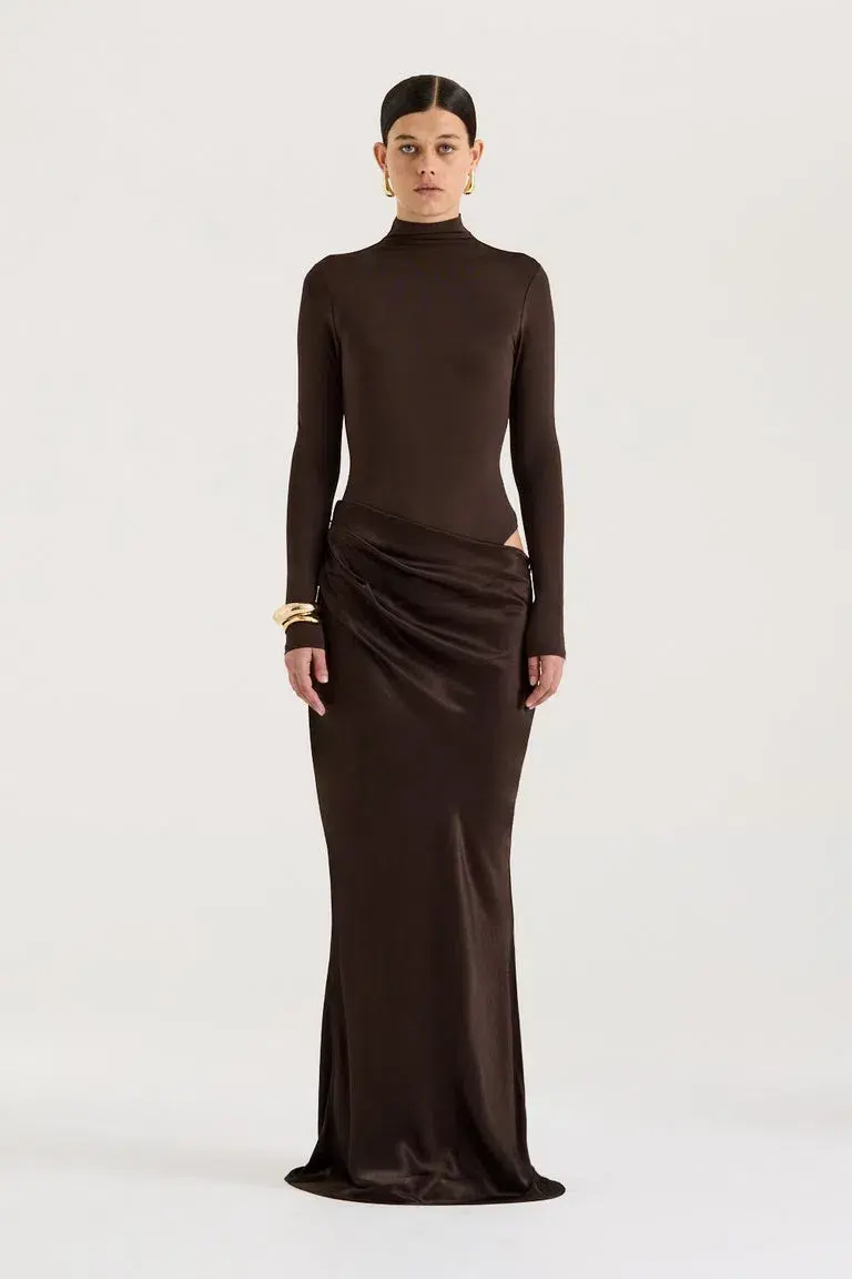 Henne Soraia Long Sleeve Maxi Dress Chocolate Size 8 for rent on The Volte - main image