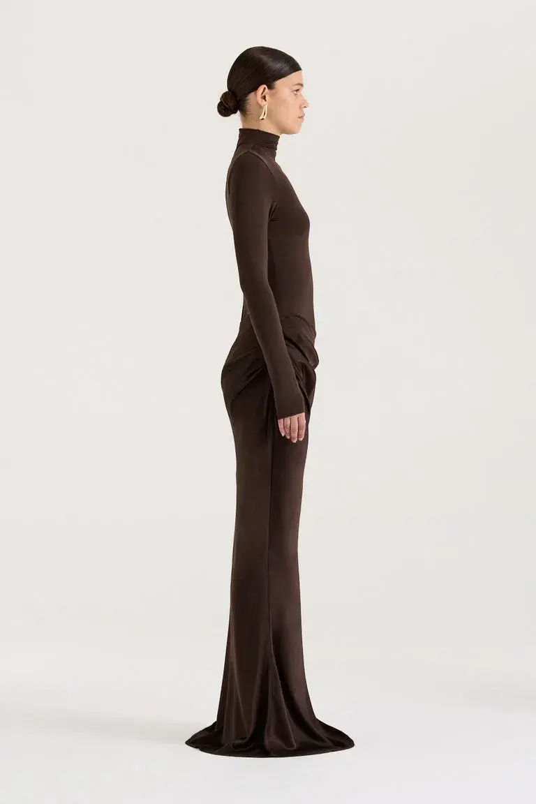 Henne Soraia Long Sleeve Maxi Dress Chocolate Size 8 for rent on The Volte - main image