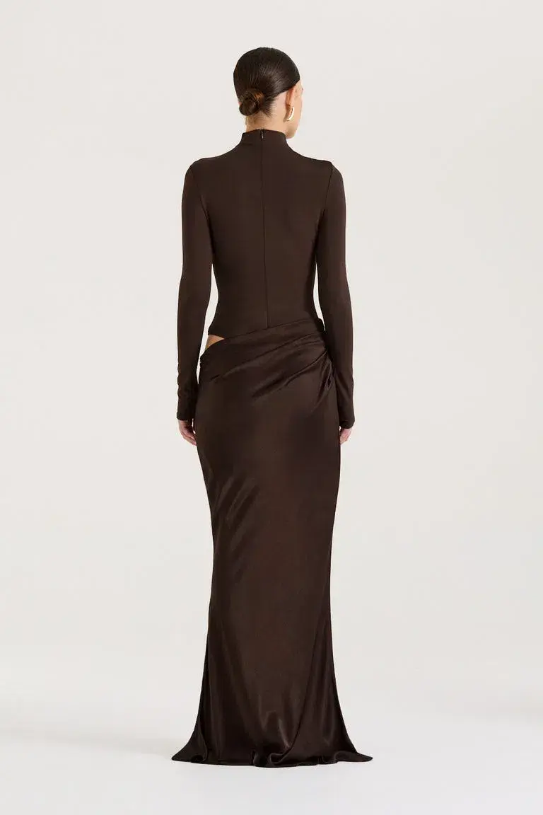 Henne Soraia Long Sleeve Maxi Dress Chocolate Size 8 for rent on The Volte - main image
