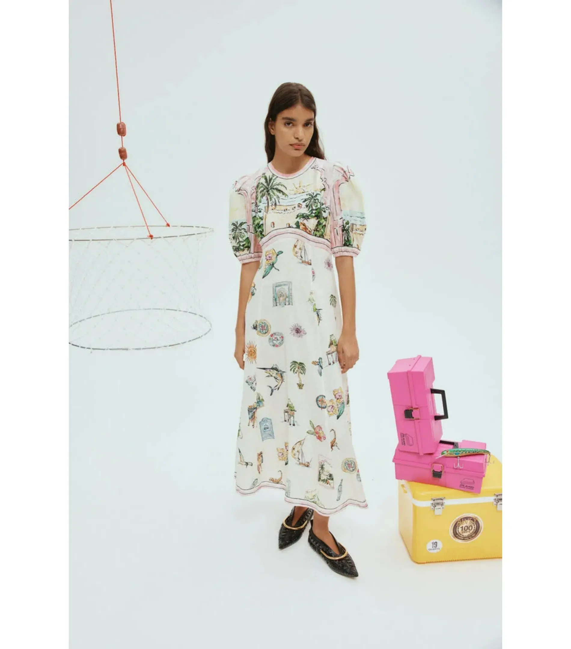 Alemais Sunset Puff-Sleeve Printed Linen Midi Dress Print Size AU 8 - Image 1
