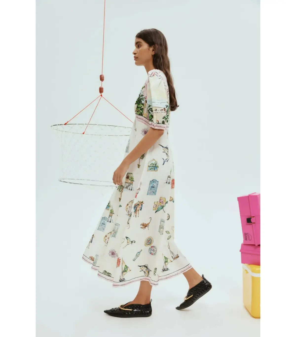 Alemais Sunset Puff-Sleeve Printed Linen Midi Dress Print Size AU 8 - Image 2