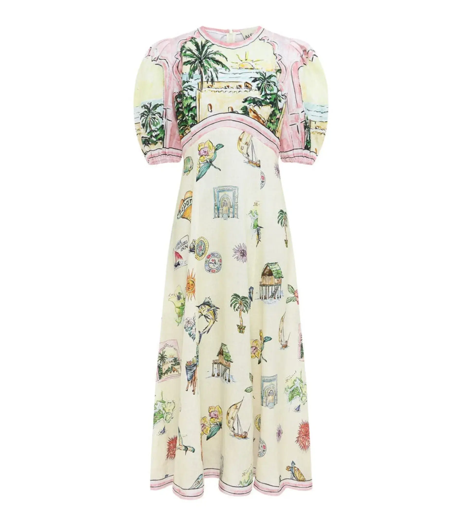 Alemais Sunset Puff-Sleeve Printed Linen Midi Dress Print Size AU 8 - Image 3