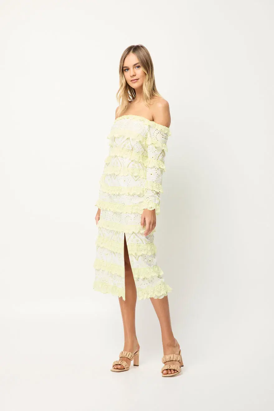 Elliatt Saint Lucia Midi Dress In Ivory/Citrus Size M/ AU 10  for rent on The Volte - main image