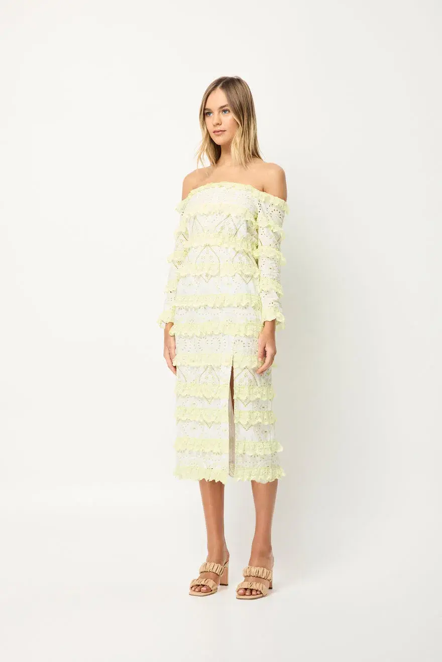 Elliatt Saint Lucia Midi Dress In Ivory/Citrus Size M/ AU 10  for rent on The Volte - main image