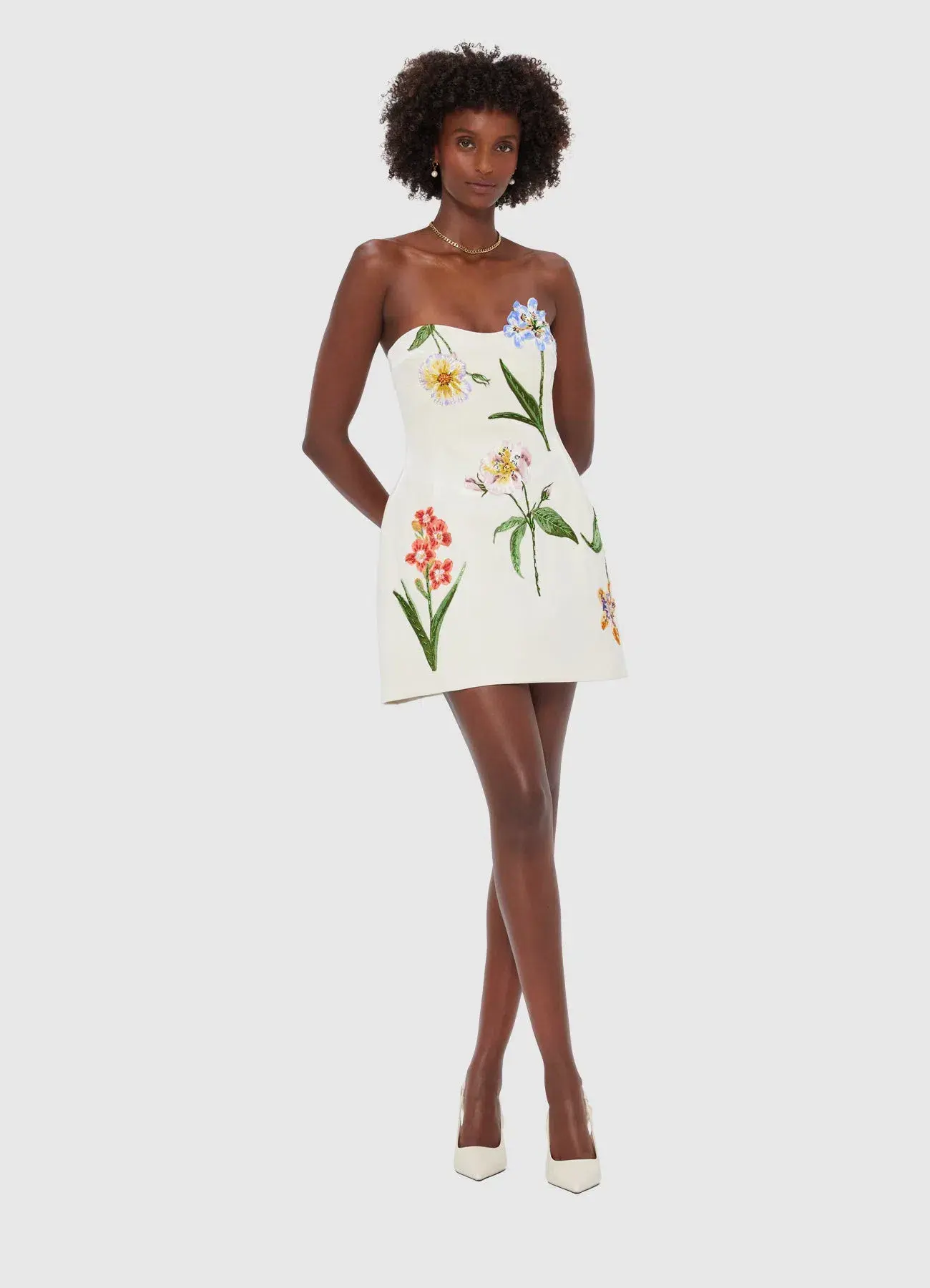 Leo Lin Rosario Velvet Mini Dress Botanical Print Snow Size AU 8 - Image 1