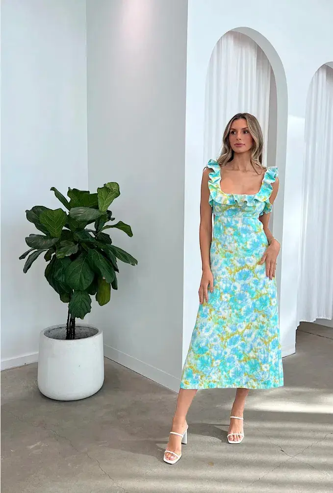 Zimmermann High Tide Frilled Midi Dress Aqua Ikat Floral Size 1 / AU 10  - Image 1