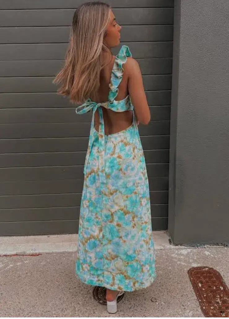 Zimmermann High Tide Frilled Midi Dress Aqua Ikat Floral Size 1 / AU 10  - Image 2