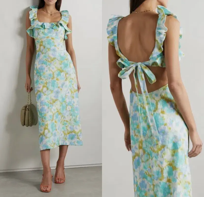 Zimmermann High Tide Frilled Midi Dress Aqua Ikat Floral Size 1 / AU 10  - Image 6