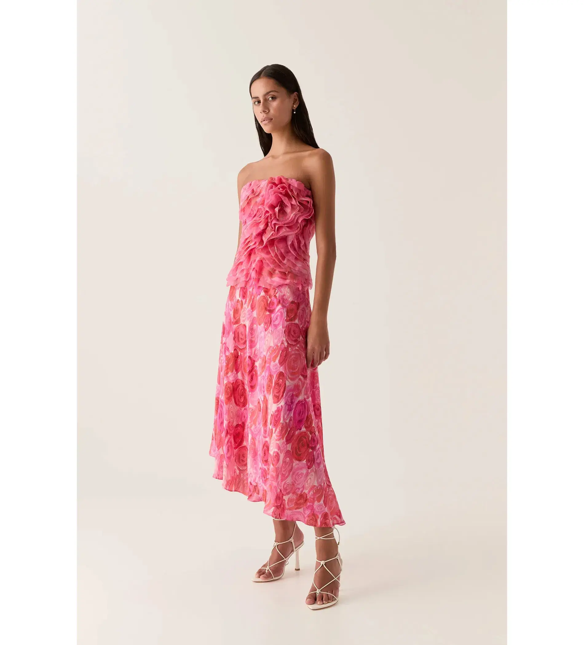 Aje Charmed Rosette Ruffle Bustier with Valeria Asymmetrical Midi Skirt in Misty Rose Size 6 - Image 1