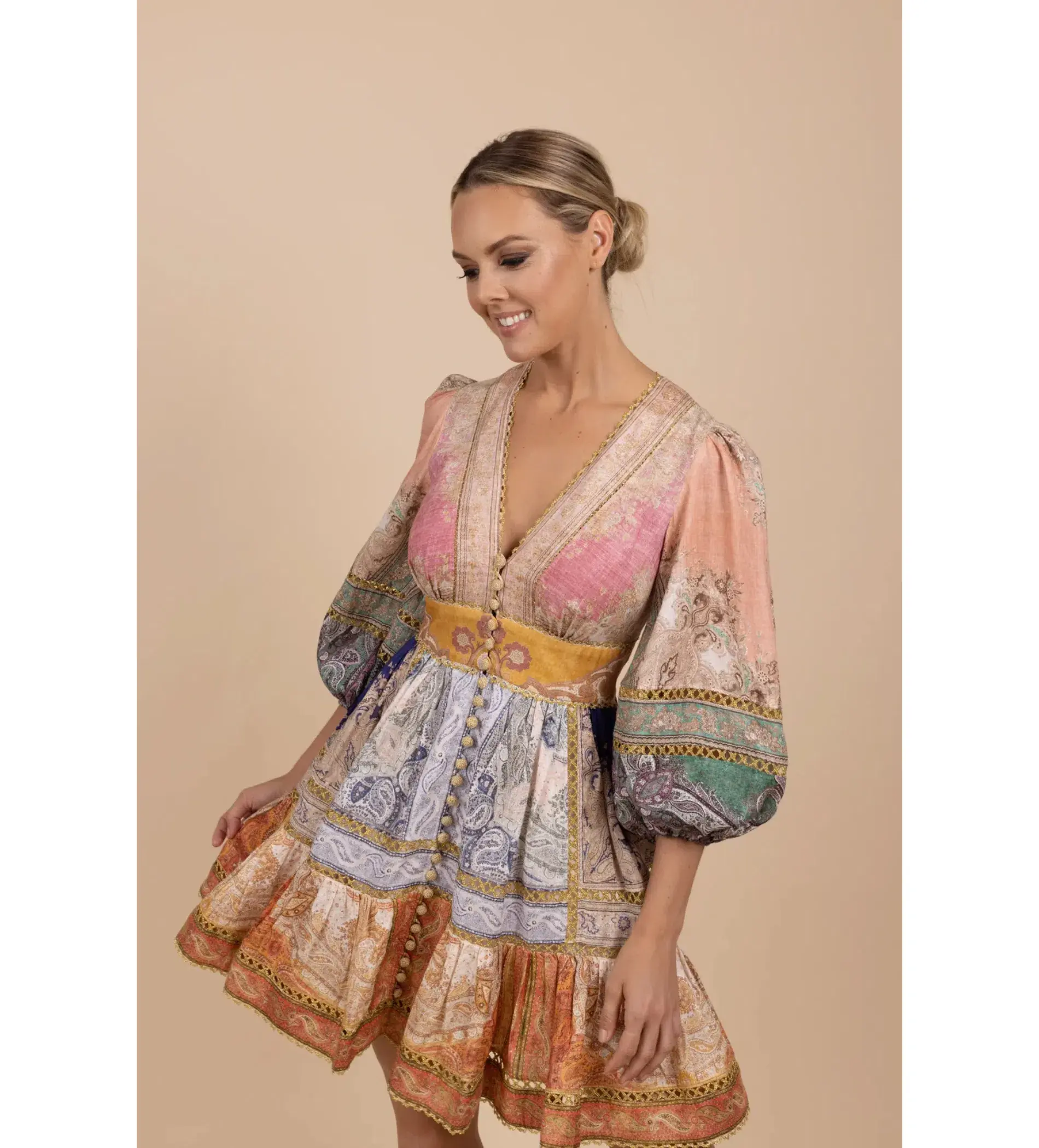 Zimmermann Anneke Lantern Mini Dress Multi Print Size 0/AU 8 - Image 3
